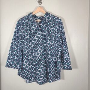 Chicos Womens Size 3 Blue Geometric Tunic Top 100% Cotton 3/4 Sleeve Blouse